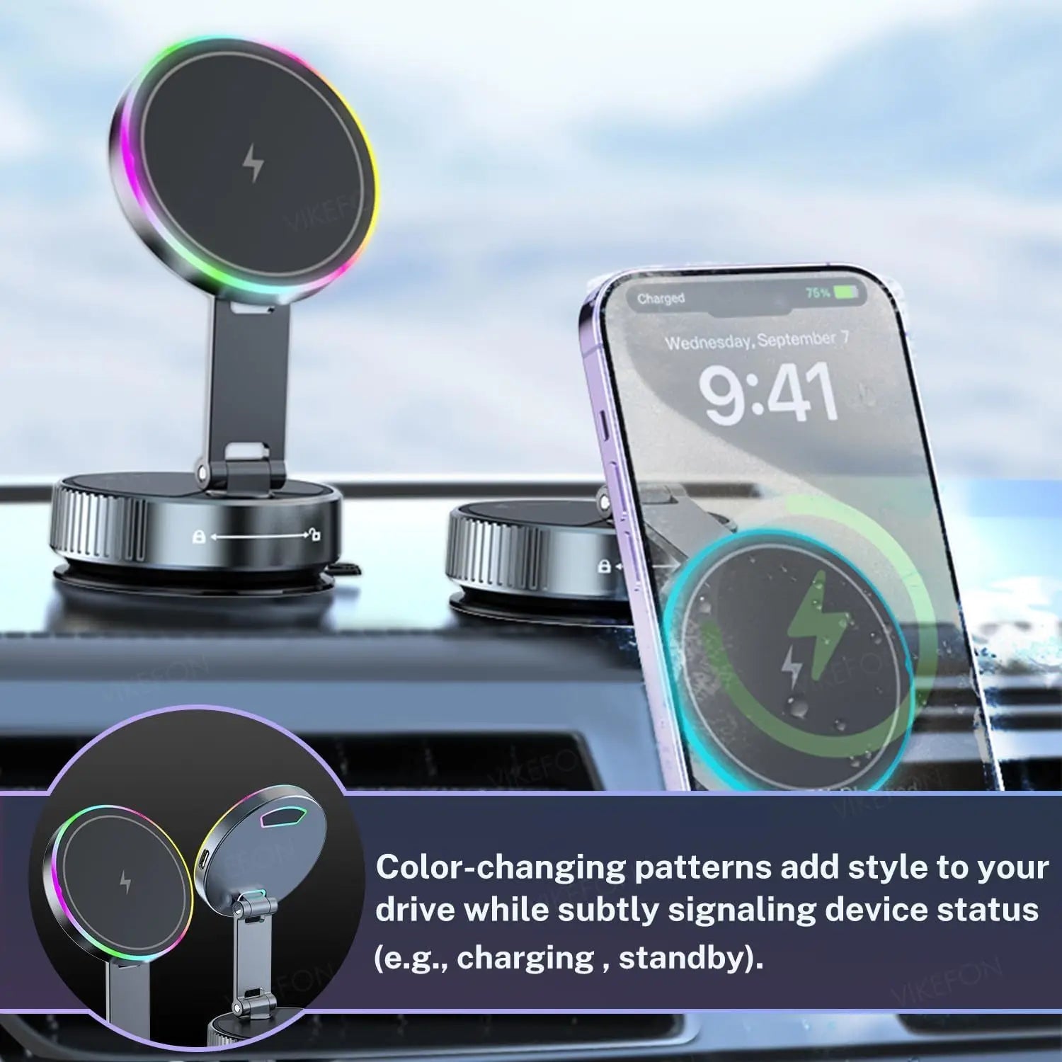 Cooling Wireless Charger Car Phone Holder with Breathing RGB Light Magnetic Suction Cellphone Bracket for iPhone 12-17 Pro Max