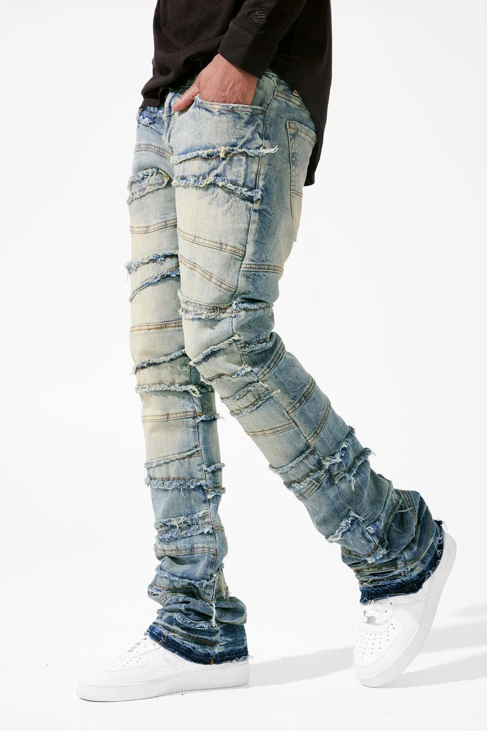 2025 New Flared Jeans Men's Fit Stacked Jeans Ripped Slim Fit Patch Distressed Destroyed Denim Pants Hip Hop Streetwear Trouser