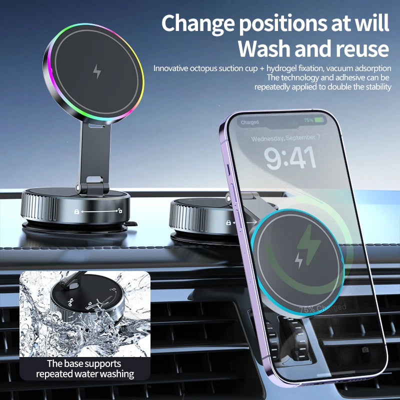 Foldable 360 Rotatable Wireless Charger Car Phone Holder 15W Vacuum Suction Magnetic Phone Charger