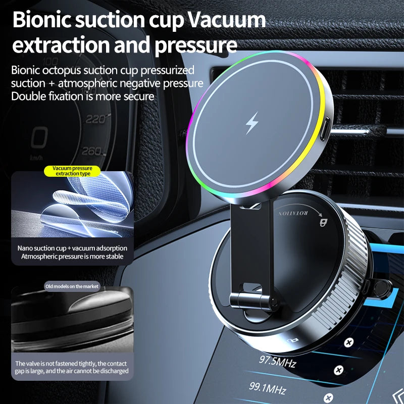 Foldable 360 Rotatable Wireless Charger Car Phone Holder 15W Vacuum Suction Magnetic Phone Charger