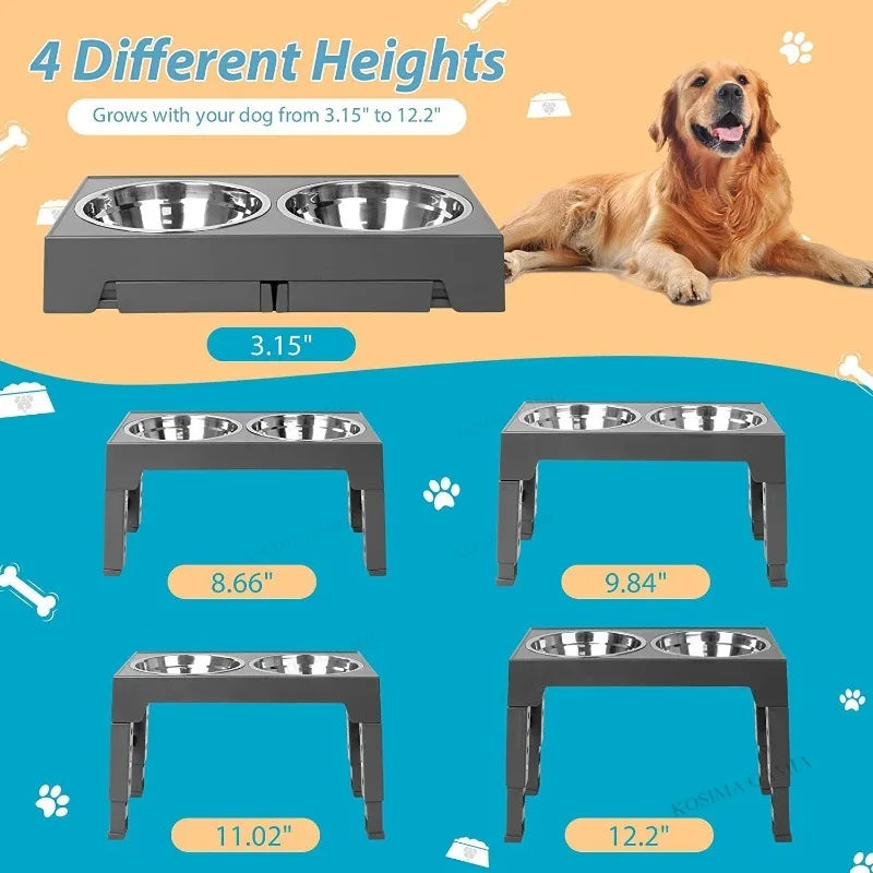 Adjustable Elevated Dog Feeder Raised Stand Dogs Bowls with Double Stainless Steel Food Water Bowls for Small Medium Large Dogs