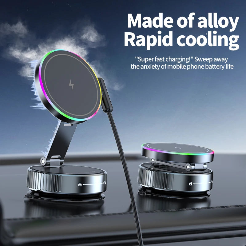 Foldable 360 Rotatable Wireless Charger Car Phone Holder 15W Vacuum Suction Magnetic Phone Charger