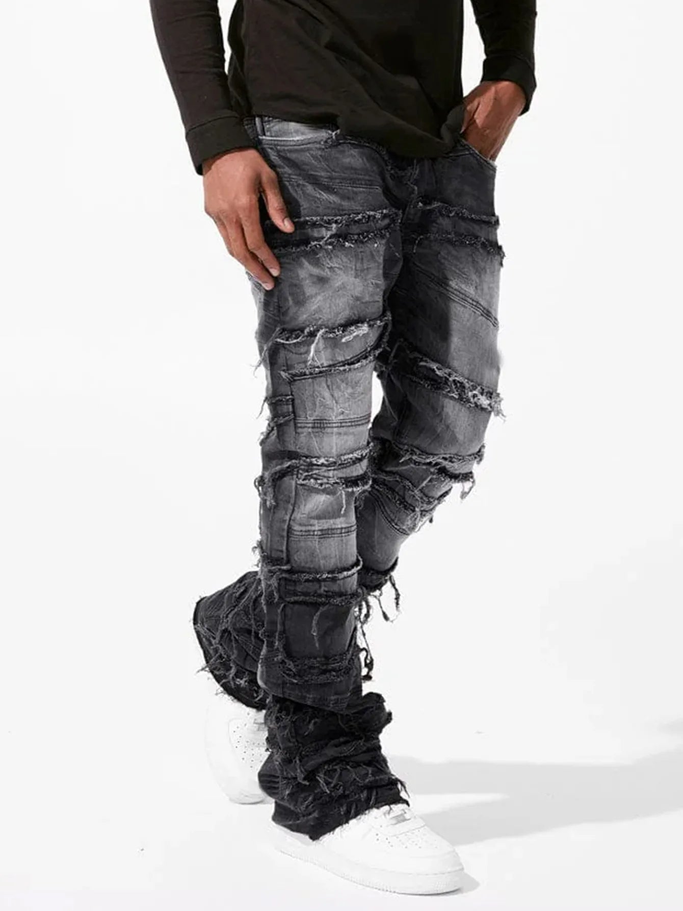 2025 New Flared Jeans Men's Fit Stacked Jeans Ripped Slim Fit Patch Distressed Destroyed Denim Pants Hip Hop Streetwear Trouser