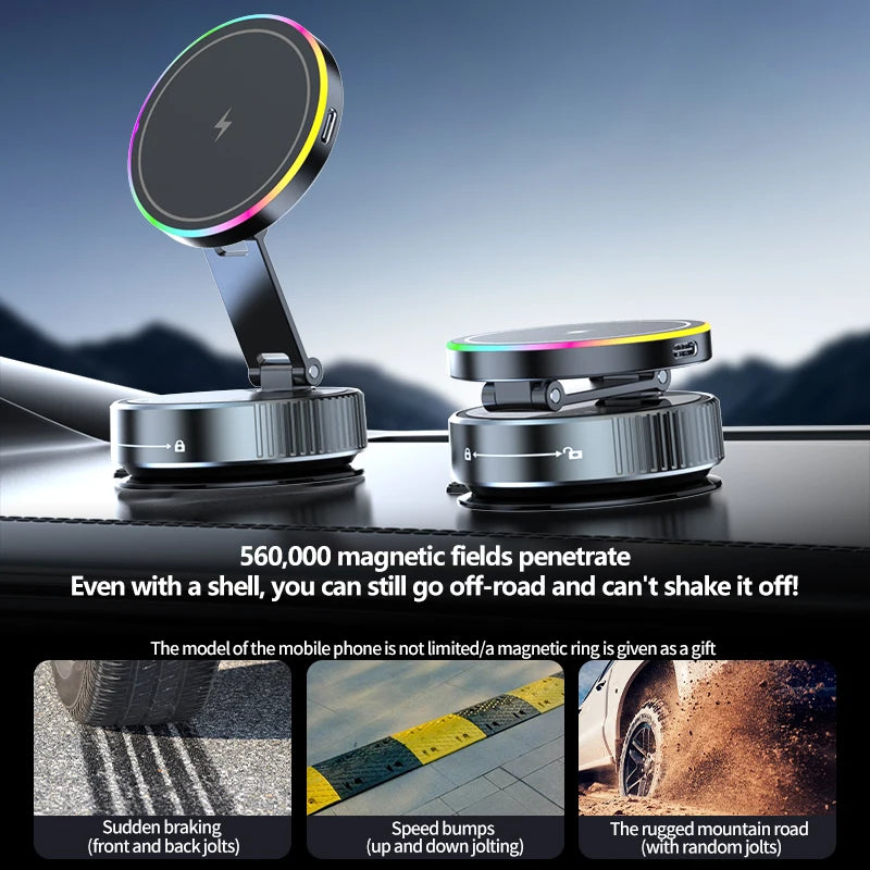 Foldable 360 Rotatable Wireless Charger Car Phone Holder 15W Vacuum Suction Magnetic Phone Charger