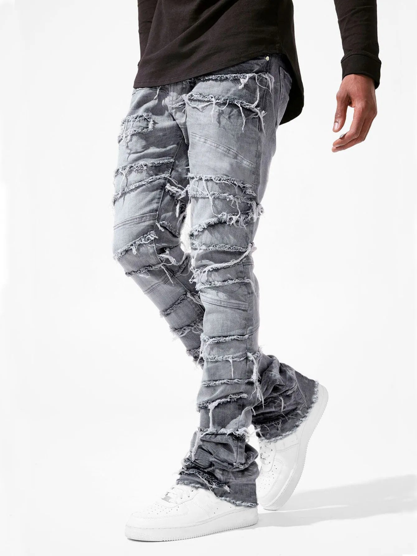 2025 New Flared Jeans Men's Fit Stacked Jeans Ripped Slim Fit Patch Distressed Destroyed Denim Pants Hip Hop Streetwear Trouser