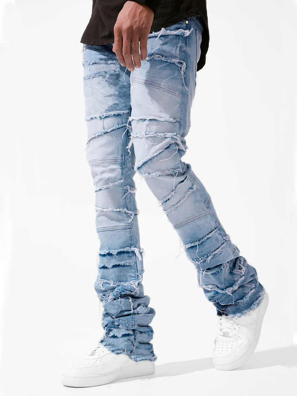 2025 New Flared Jeans Men's Fit Stacked Jeans Ripped Slim Fit Patch Distressed Destroyed Denim Pants Hip Hop Streetwear Trouser