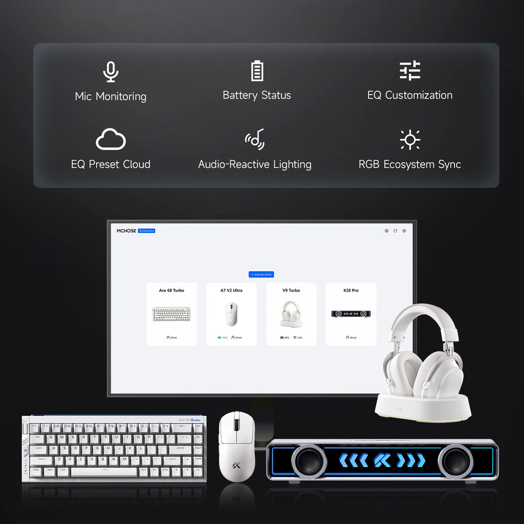 MCHOSE V9 Turbo+ Magnetic Wireless Gaming Headset 7.1 Surround Sound 90° Swivel Ear Cups Low Latency RGB Magnetic Charging