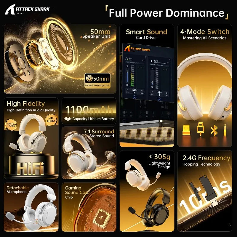 ATTACK SHARK L30PRO 4-Mode Wireless Gaming Headset, Lightweight, 7.1 Surround, 10ms Latency, 1100mAh, Detachable Mic for PC/PS5