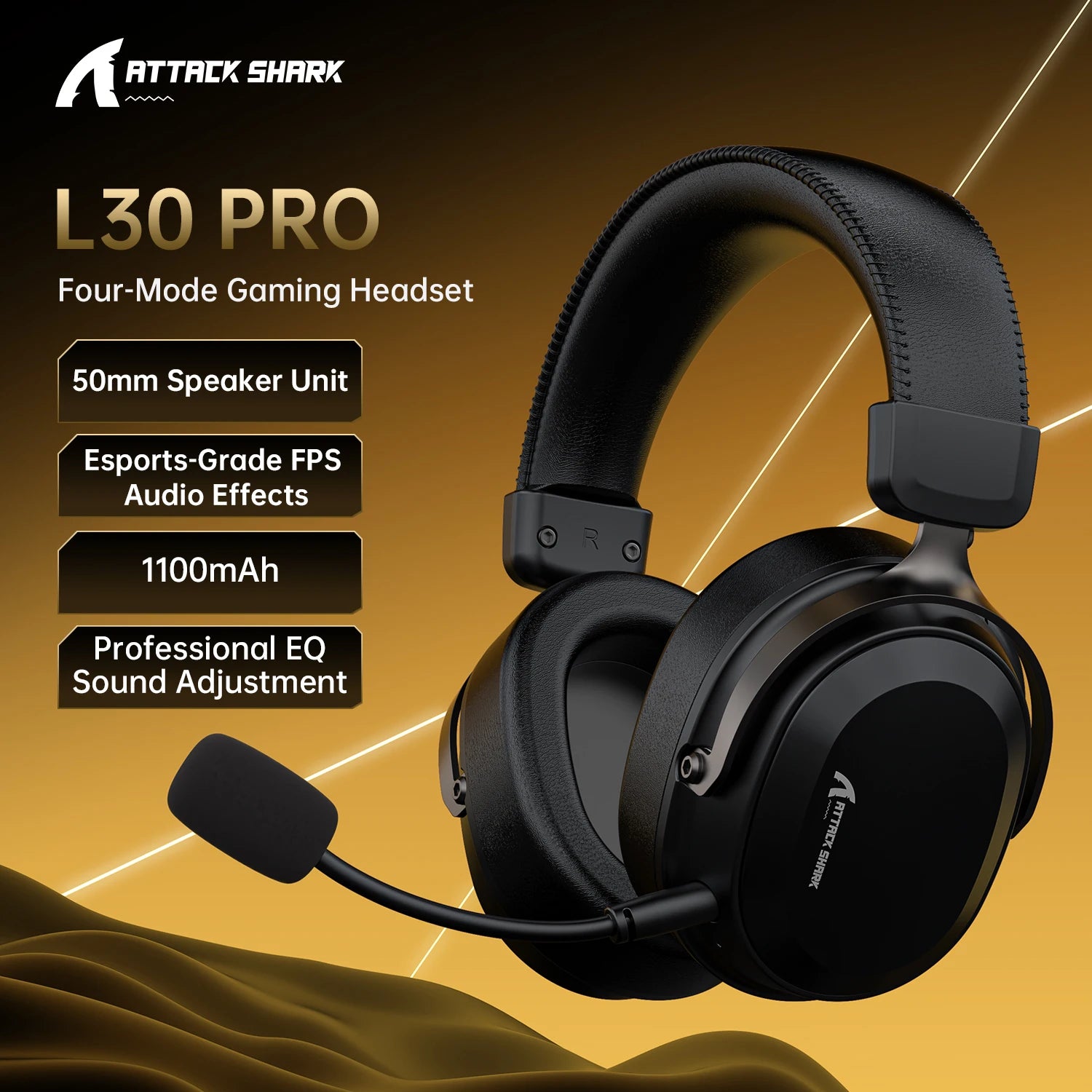 ATTACK SHARK L30PRO 4-Mode Wireless Gaming Headset, Lightweight, 7.1 Surround, 10ms Latency, 1100mAh, Detachable Mic for PC/PS5