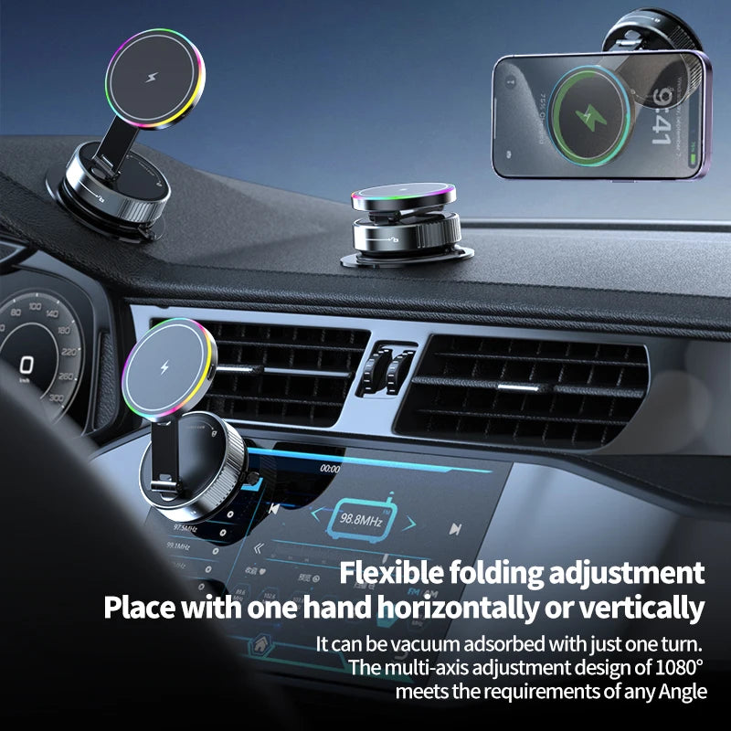 Foldable 360 Rotatable Wireless Charger Car Phone Holder 15W Vacuum Suction Magnetic Phone Charger