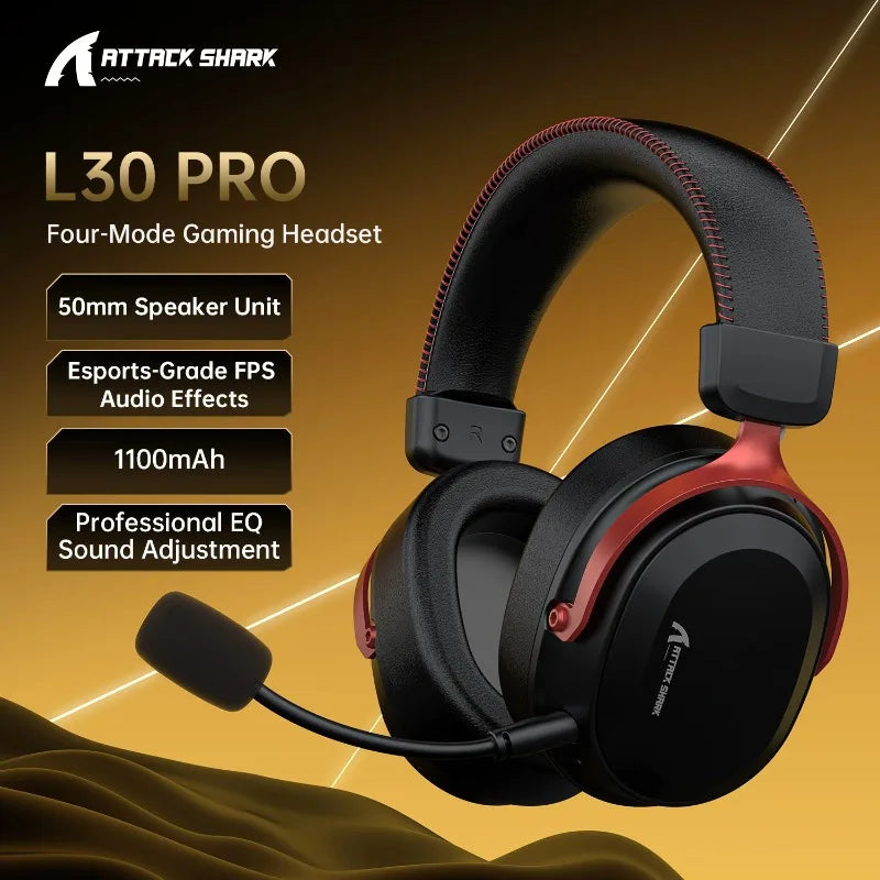 ATTACK SHARK L30PRO 4-Mode Wireless Gaming Headset, Lightweight, 7.1 Surround, 10ms Latency, 1100mAh, Detachable Mic for PC/PS5