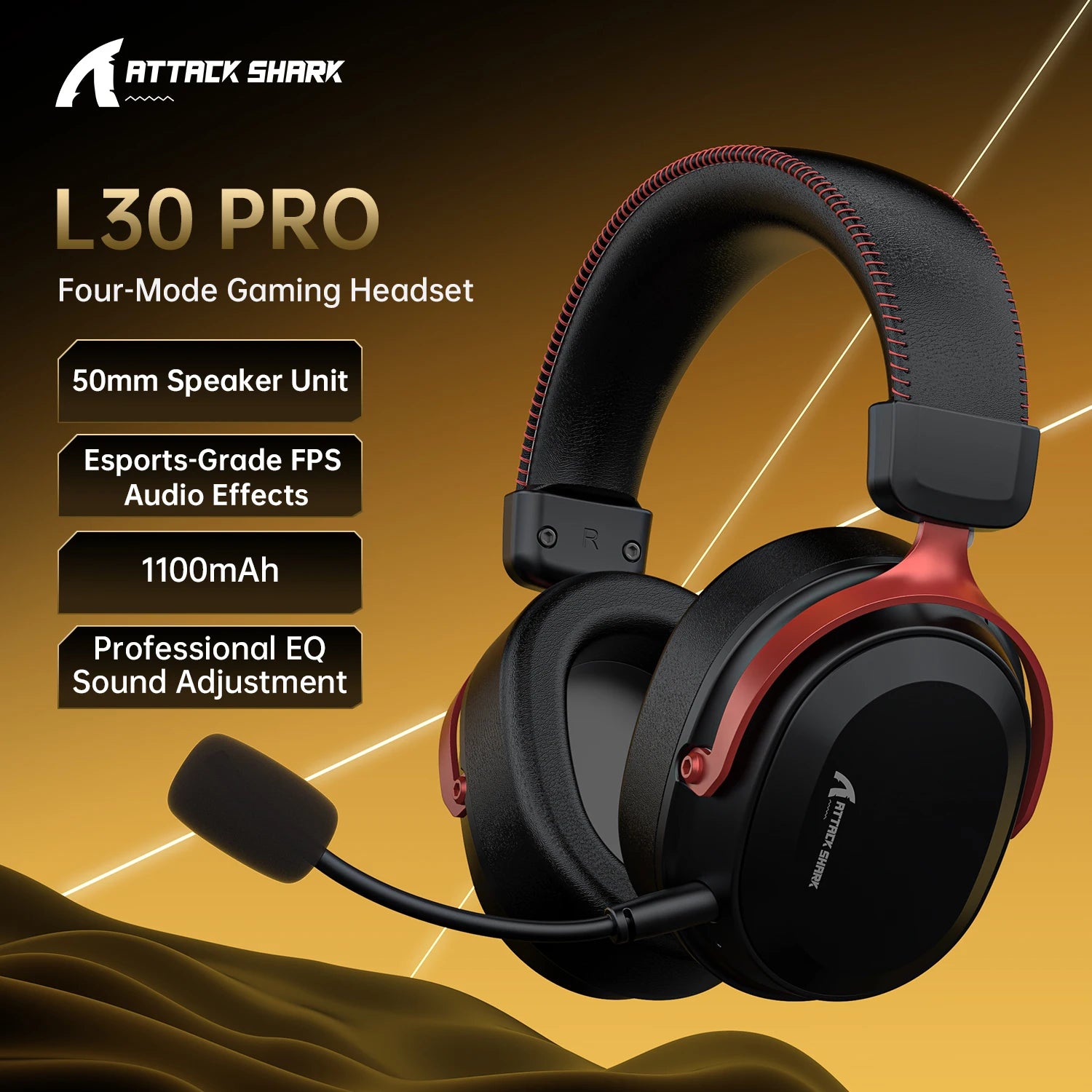 ATTACK SHARK L30PRO 4-Mode Wireless Gaming Headset, Lightweight, 7.1 Surround, 10ms Latency, 1100mAh, Detachable Mic for PC/PS5