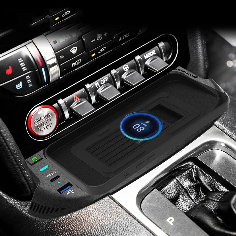 For Ford Mustang 2015-2021 15W Car wireless charger fast center console phone charger charging plate panel charging holder