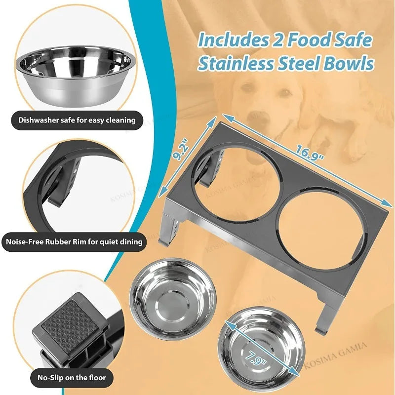 Adjustable Elevated Dog Feeder Raised Stand Dogs Bowls with Double Stainless Steel Food Water Bowls for Small Medium Large Dogs
