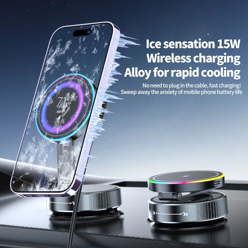 Foldable 360 Rotatable Wireless Charger Car Phone Holder 15W Vacuum Suction Magnetic Phone Charger